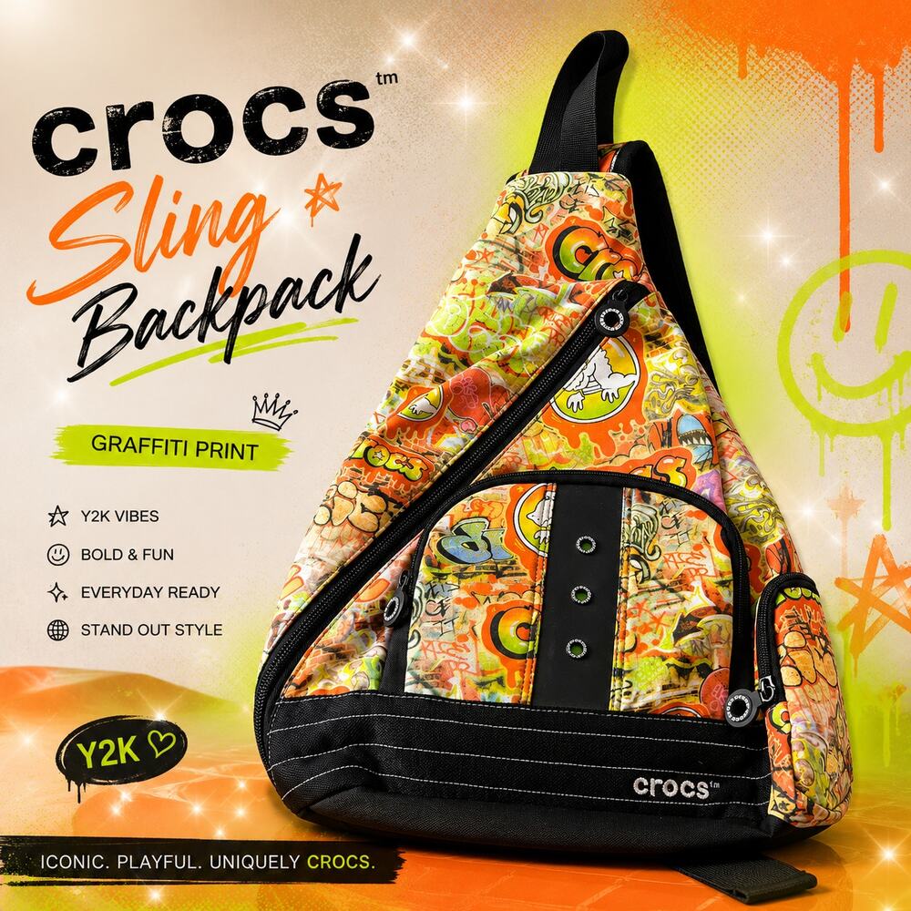 Crocs Graffiti Sling Backpack One Strap Crossbody Bag Neon Green Lining